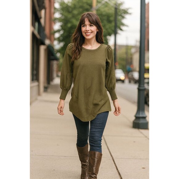 Boston Proper Sweater Olive XS Puff Sleeve Ribbed Hem Tunic Minimalist Chic - Picture 1 of 8
